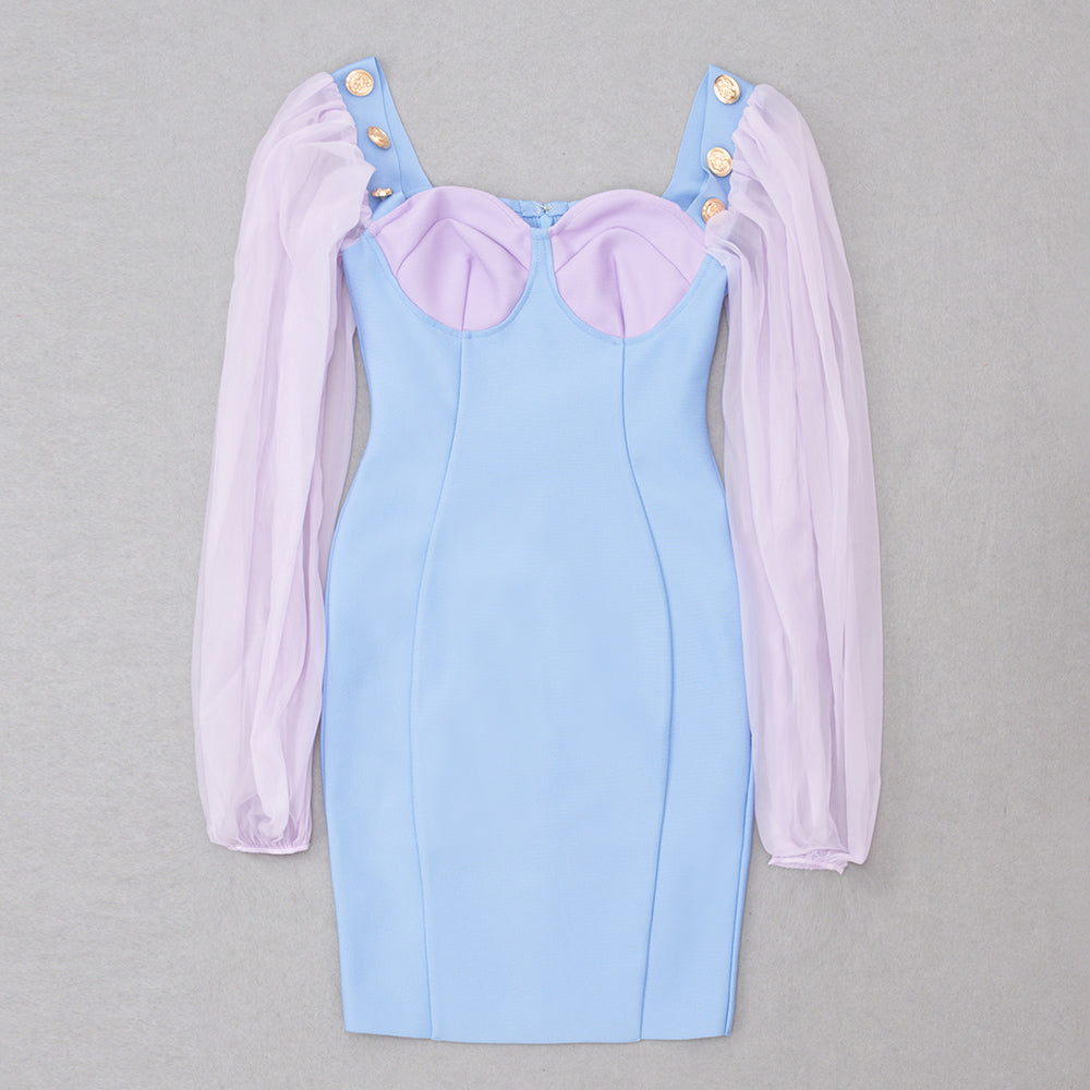 Puff Long Sleeve Bustier Dress Blue Purple V8048B