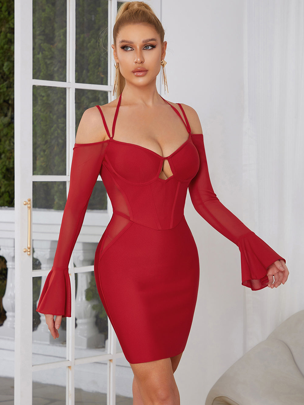 Long Sleeve Feather Draped Two Piece Dress