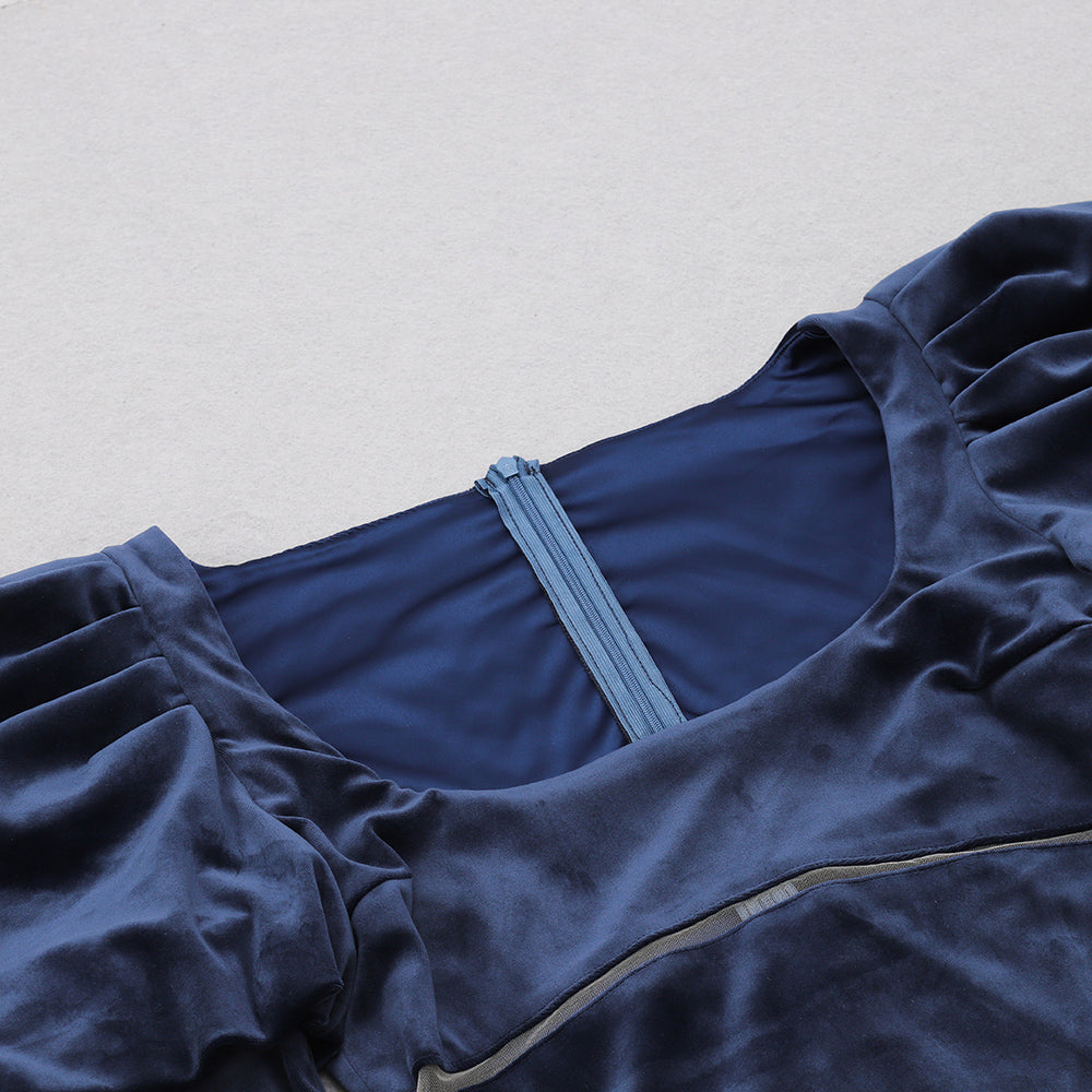 Puff Long Sleeve Mesh Midi Velvet Dress