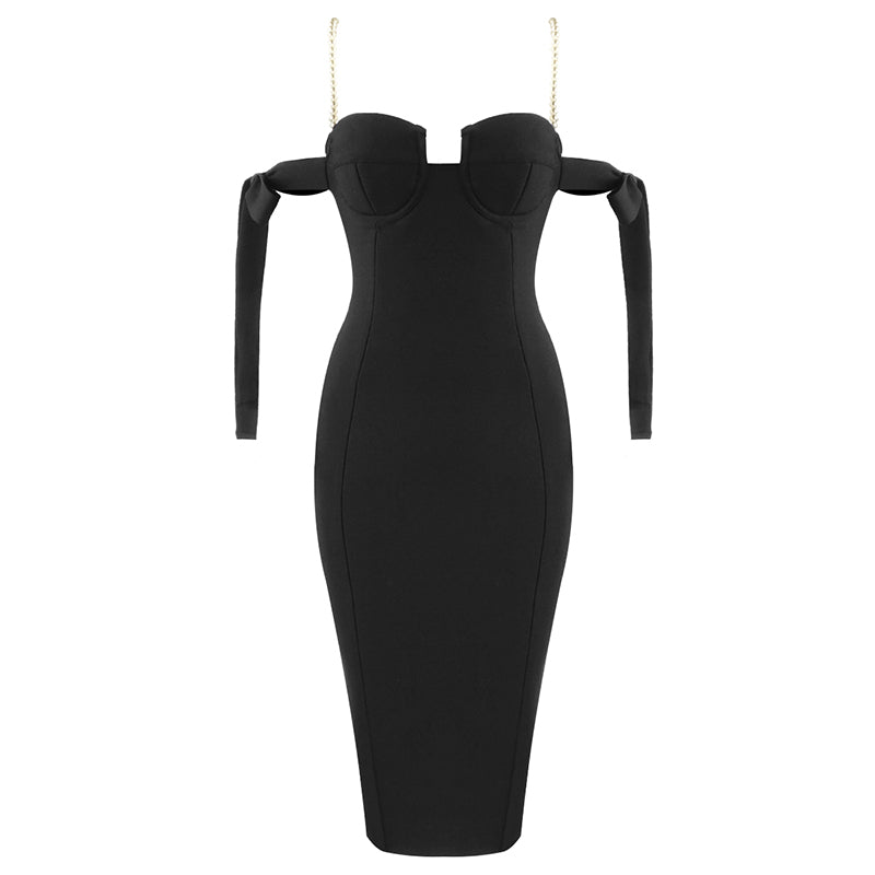 Pearl Strap Bardot Bustier Midi Dress HV6523