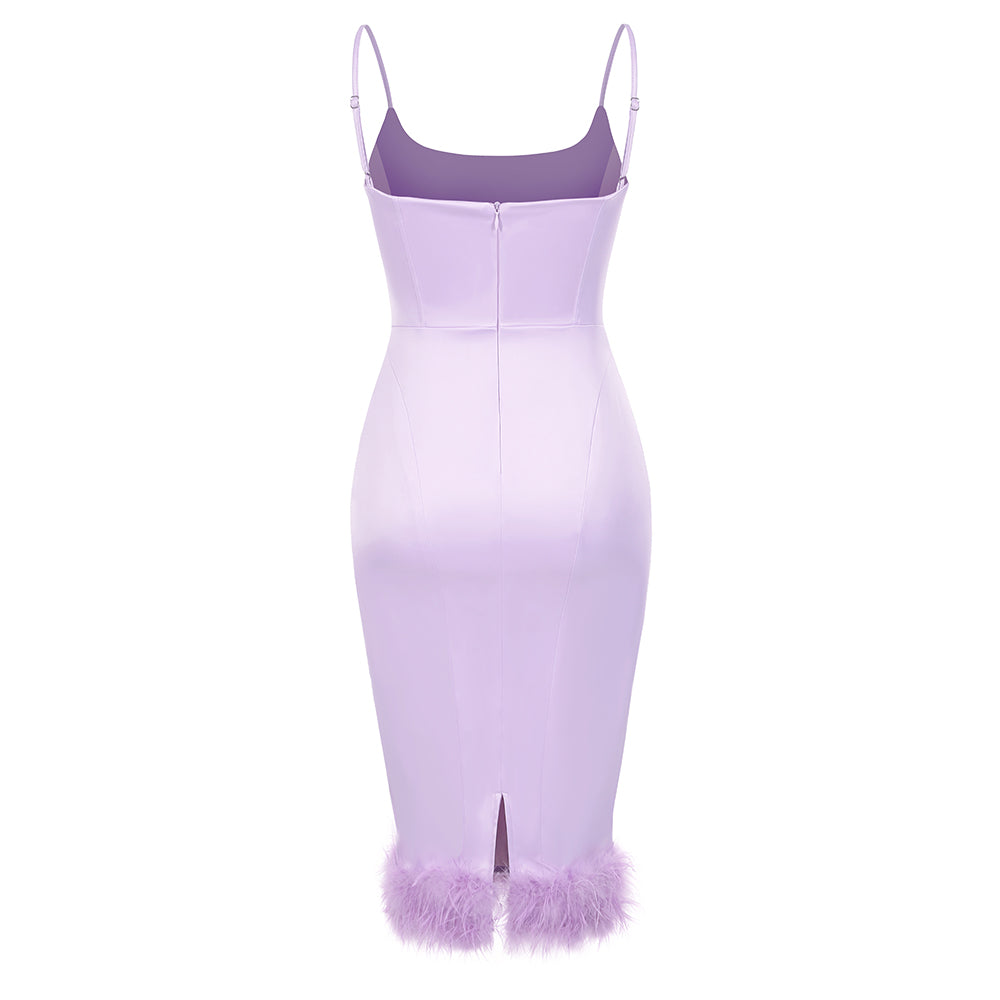 Feather Detail Midi Dress Lavender V8519