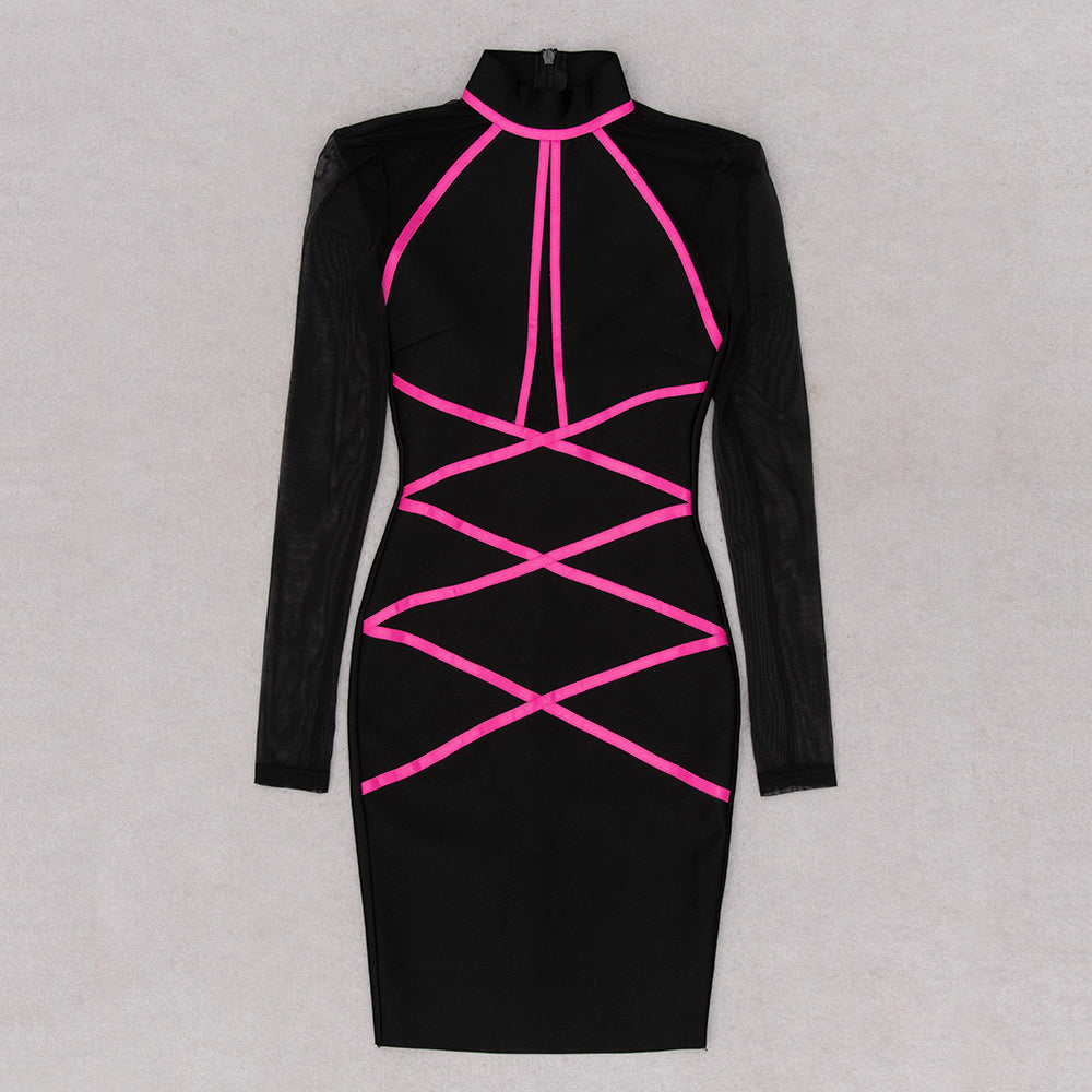 Long Sleeve Mesh Dress Black Hot Pink HV8994