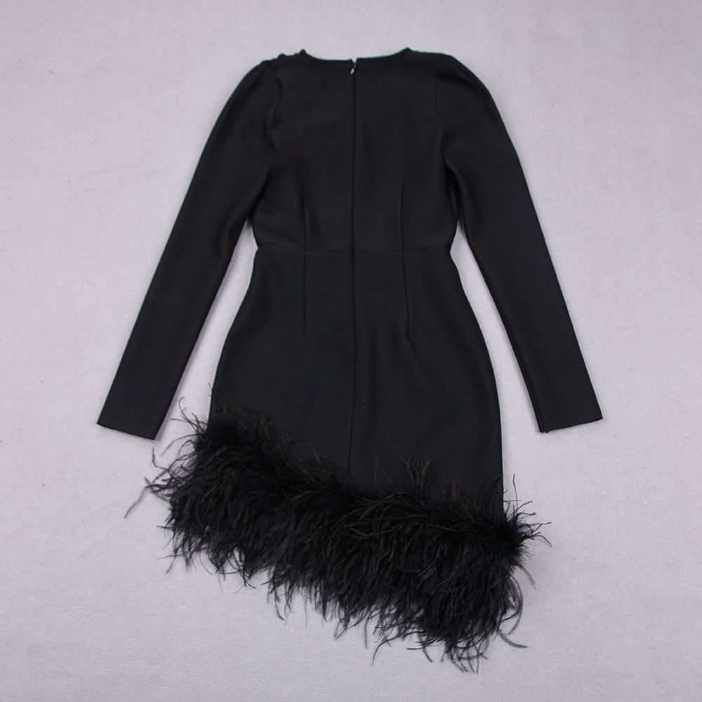 Long Sleeve Feather Hem Dress Red HV9038