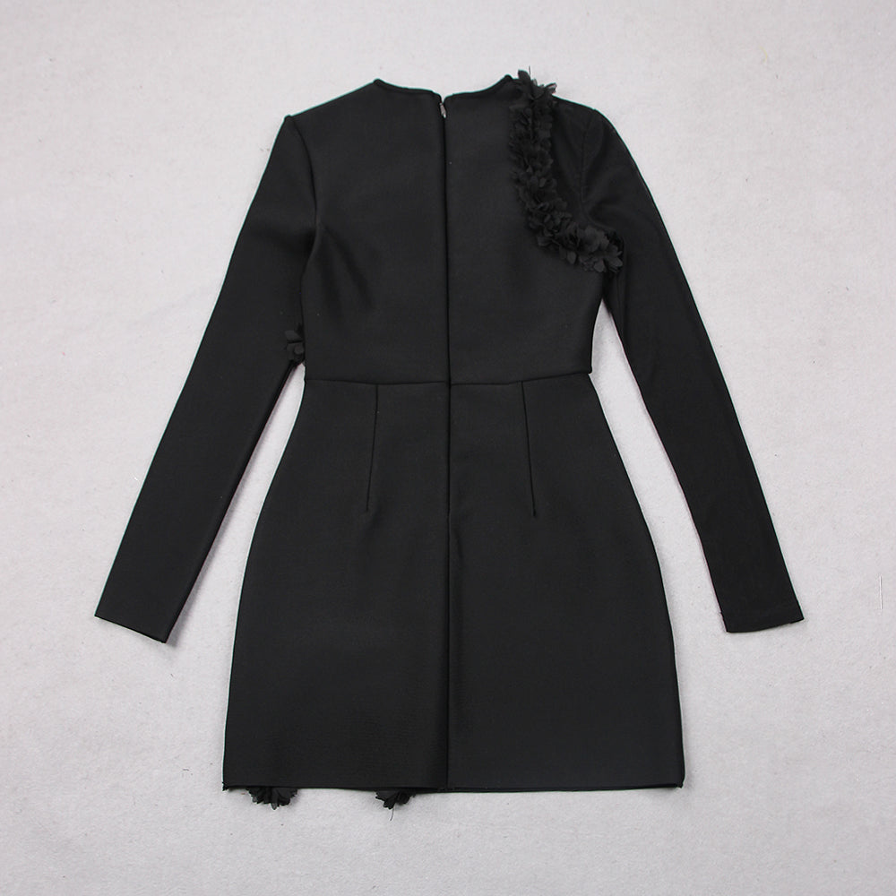 Long Sleeve Petal Detail Dress Black V9075D