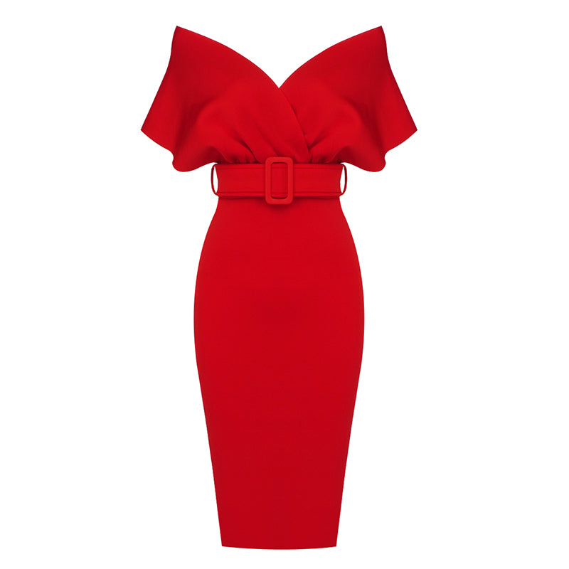 Off The Shoulder Belt Midi Dress HV7760
