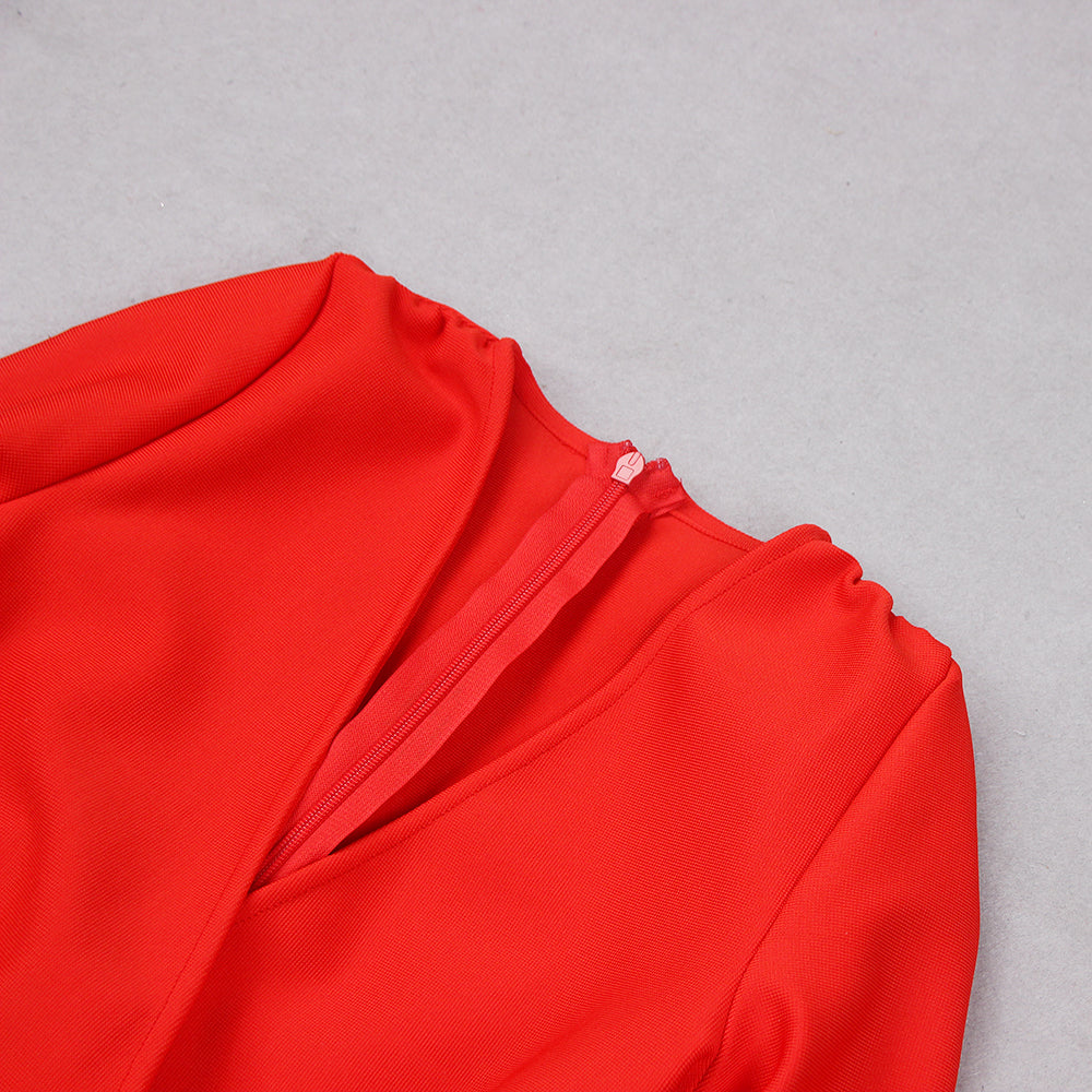 Long Sleeve Feather Hem Dress Red HV9038
