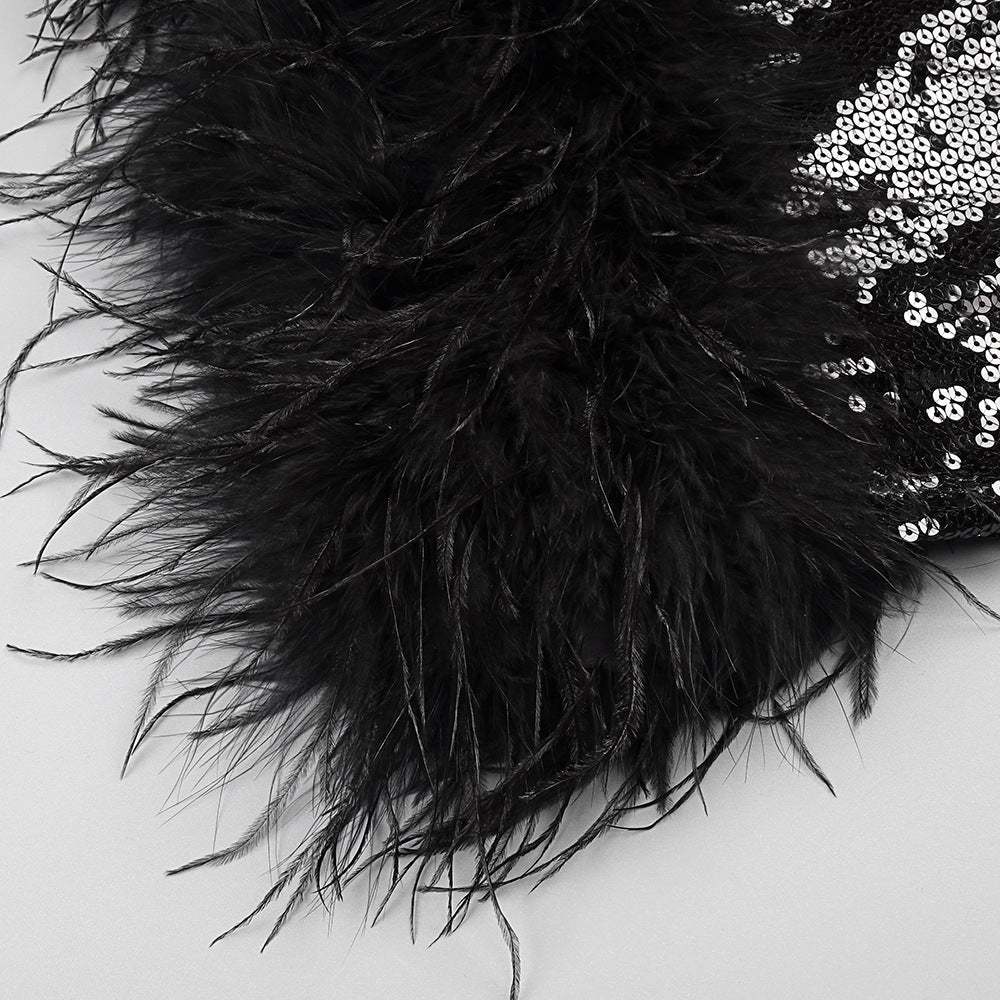 One Sleeve Sequin Feather Dress Black HV9078