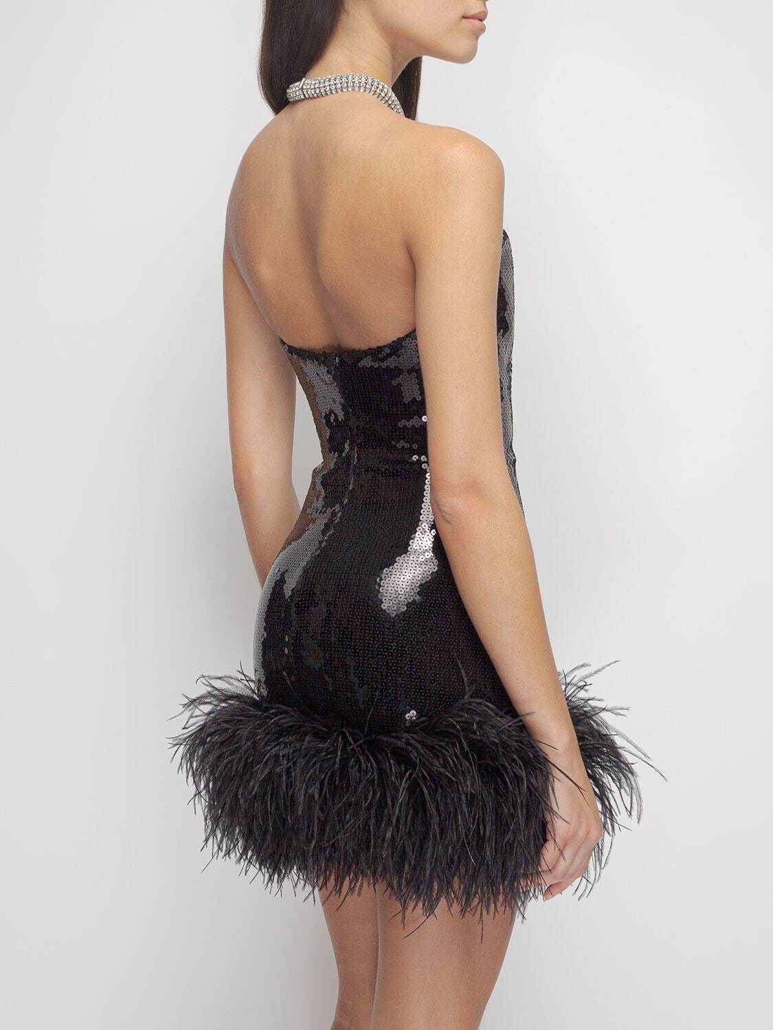 One Sleeve Sequin Feather Dress Black HV9078