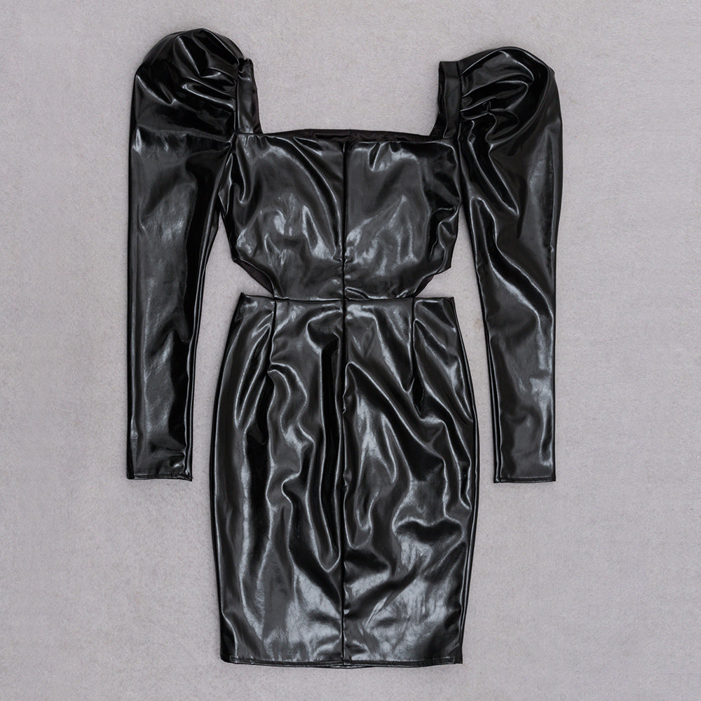 Puff Long Sleeve Faux Leather Dress HV9068