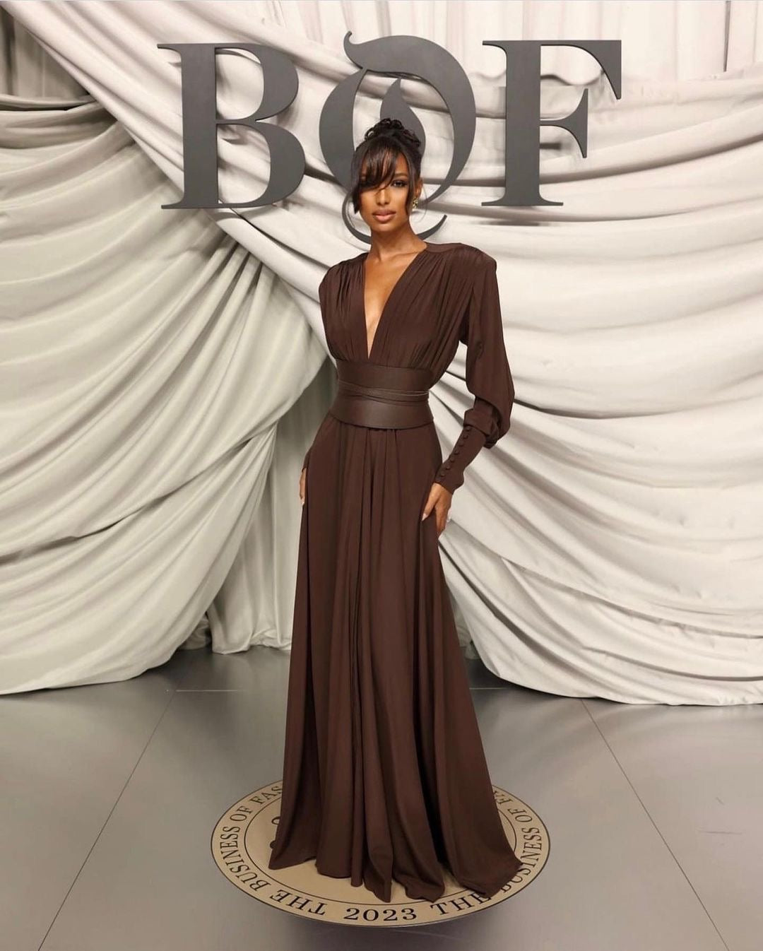 Long Sleeve Plunge V Neck Maxi Dress Brown HV1080