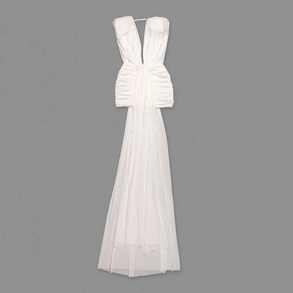 Plunge V Neck Draped Dress White HV0074