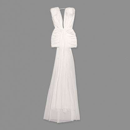 Plunge V Neck Draped Dress White HV0074