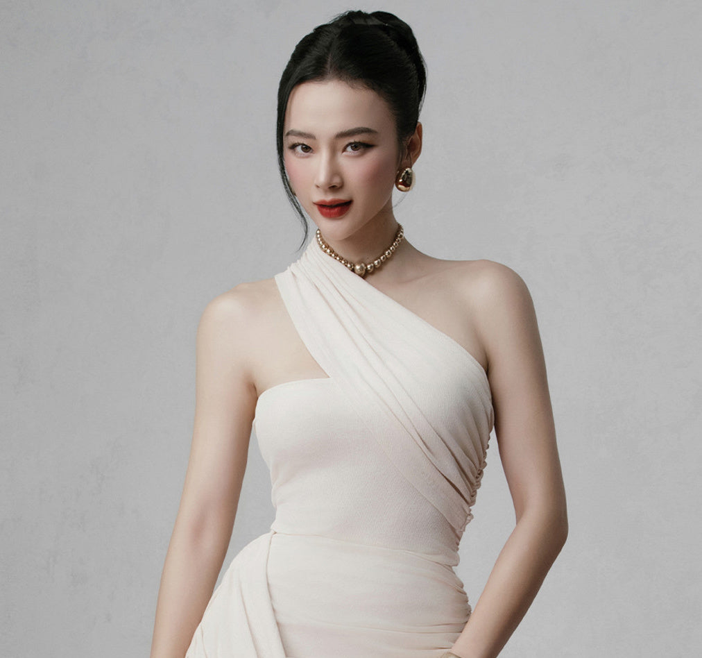One Shoulder Draped Maxi Dress Ivory HV2829