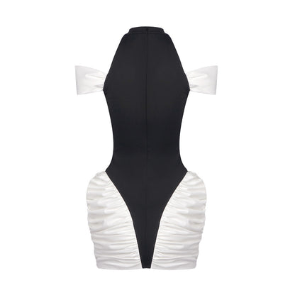 Cold Shoulder Ruched Dress Black White HV2660