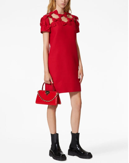 Short Sleeve Bow Detail A Line Dress Red  HV1361