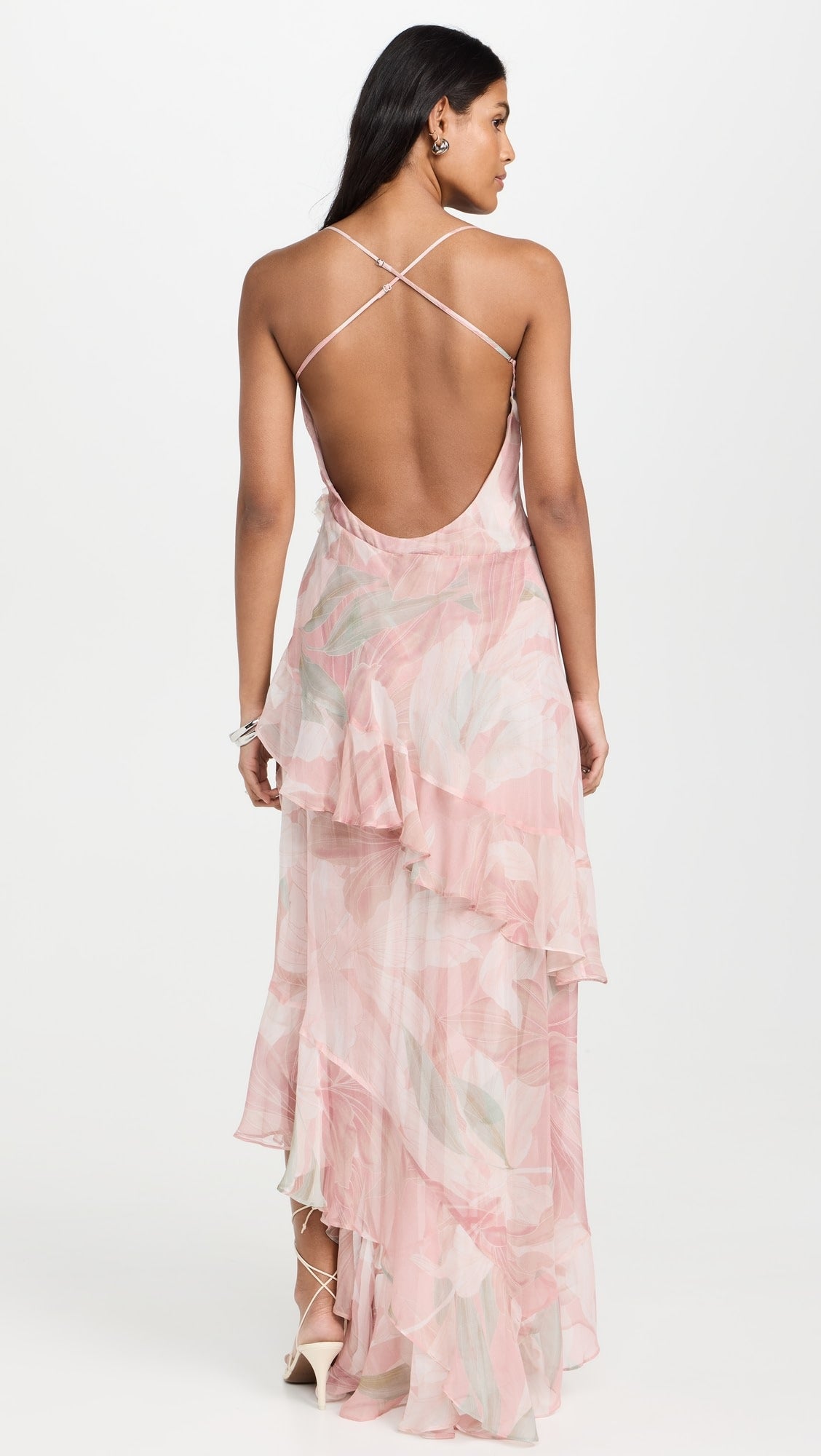 Printed Ruffle Asymmetric Maxi Dress Pink HV1614