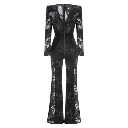 Long Sleeve Floral Lace Jumpsuit Black HV1988