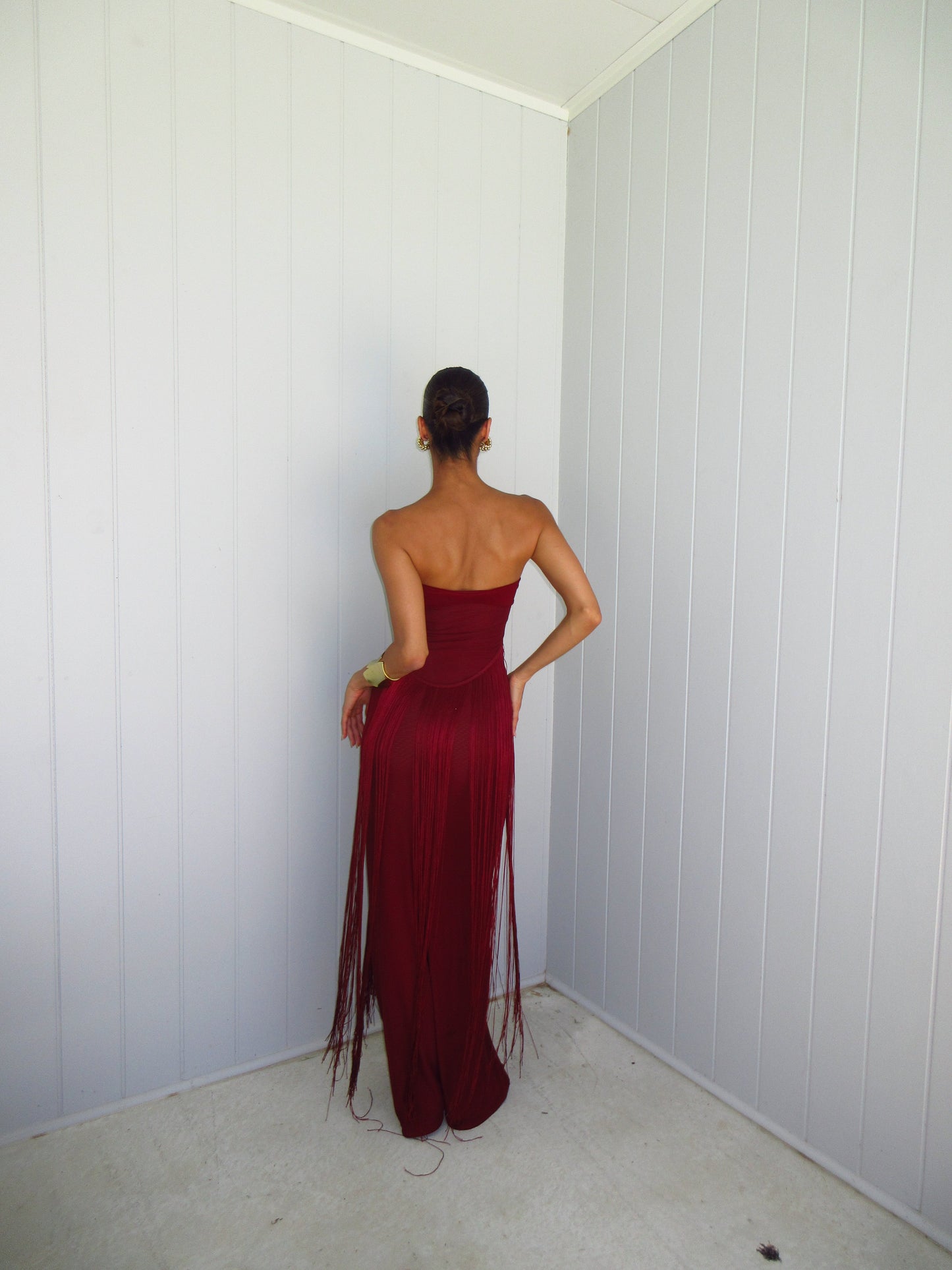 Strapless Tassel Maxi Dress Burgundy HV2688