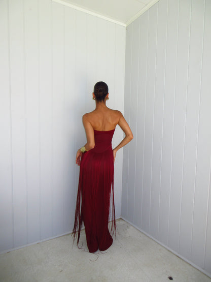 Strapless Tassel Maxi Dress Burgundy HV2688