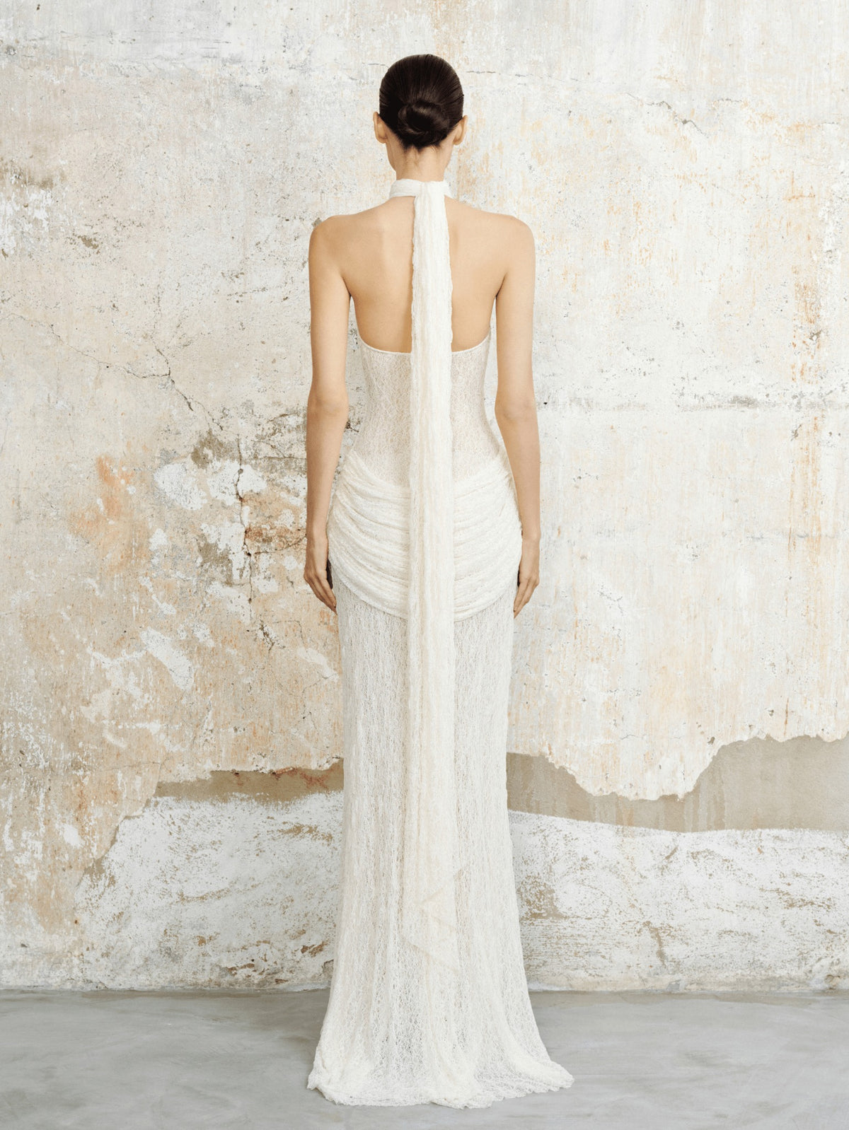 Halter Draped Lace Maxi Dress White HV0167