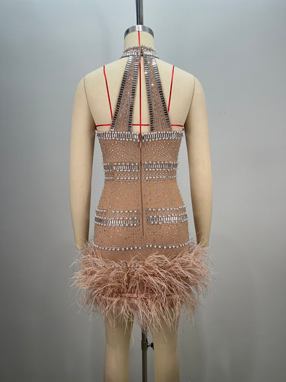 Halter Crystal Feather Dress Nude HV1798