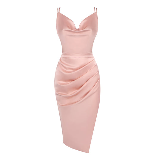 Draped Strappy Back Midi Silk Dress Pink HV0004