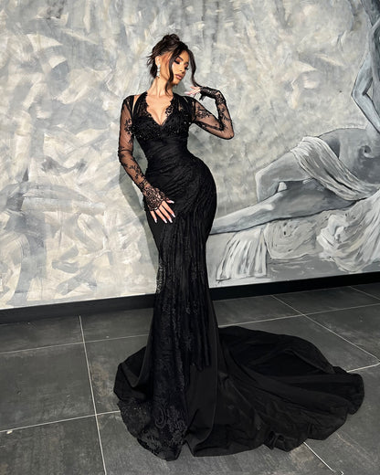 Long Sleeve Halter Sequin Lace Maxi Dress Black HV2231