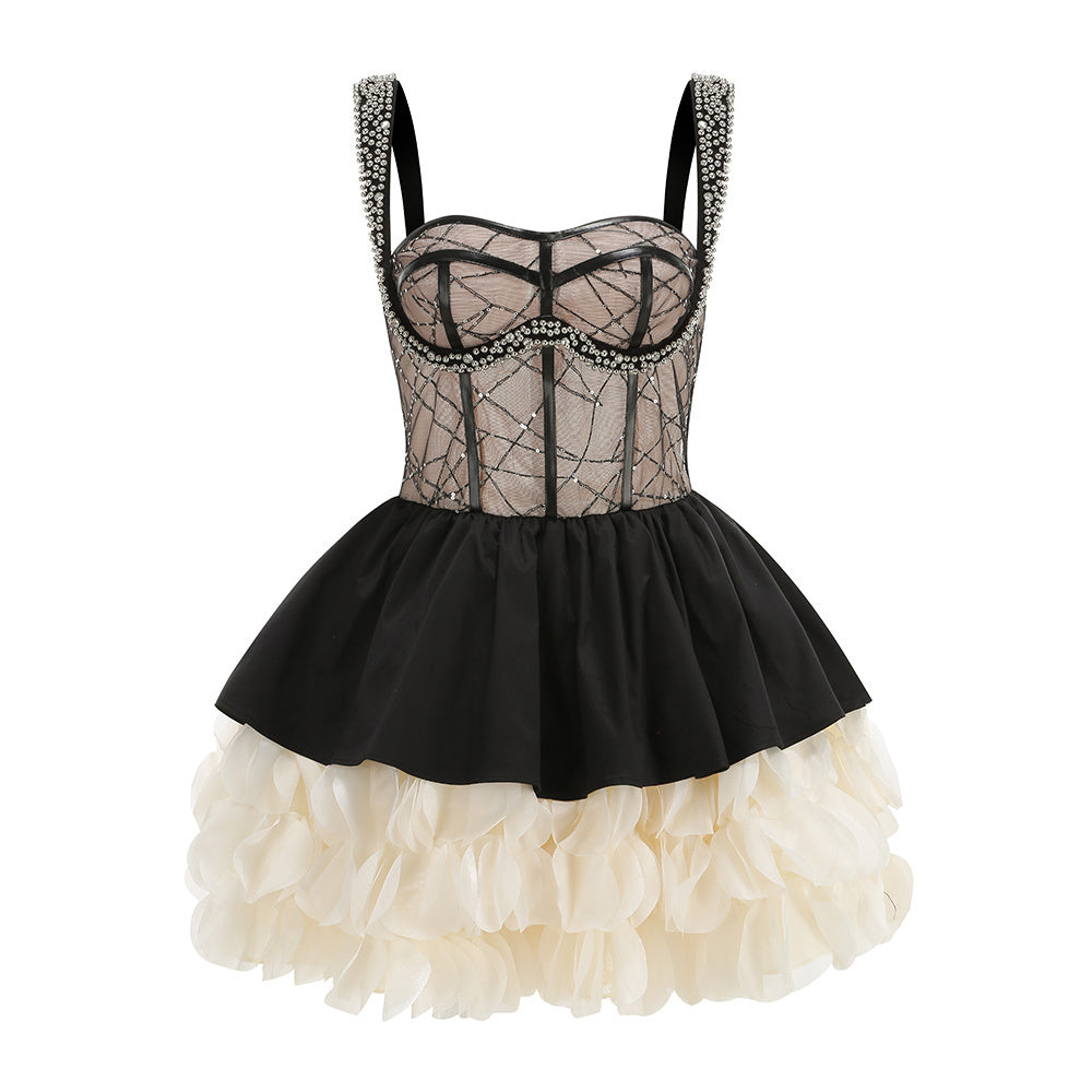 Crystal Bustier Petal A Line Dress Black Ivory HV2878