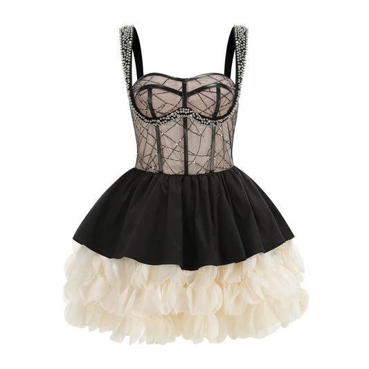 Crystal Bustier Petal A Line Dress Black Ivory HV2878