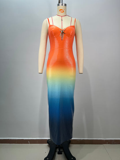 Star Sequin Midi Dress Orange Yellow Blue HV1698