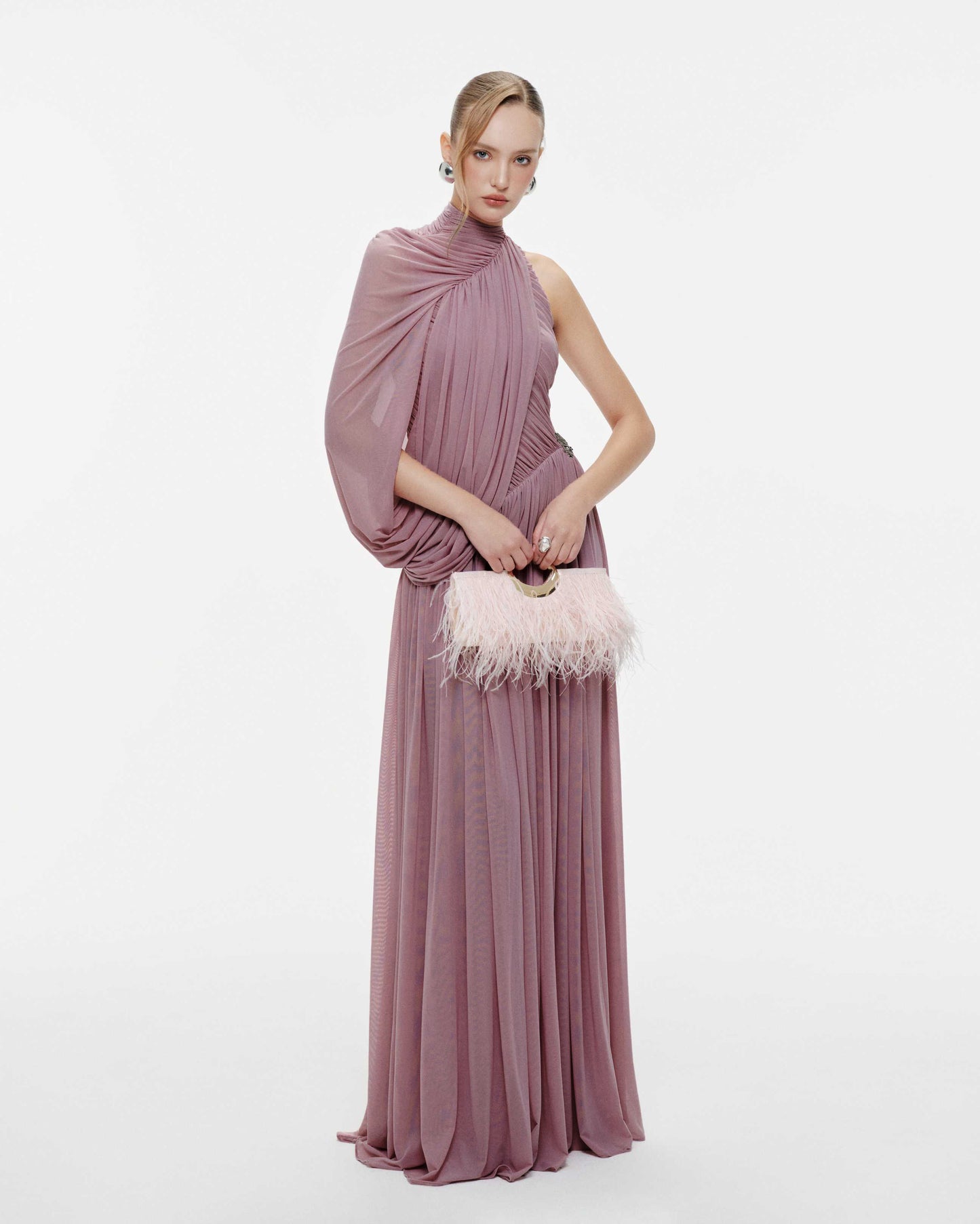 One Sleeve Draped A Line Maxi Dress Pink HV2683