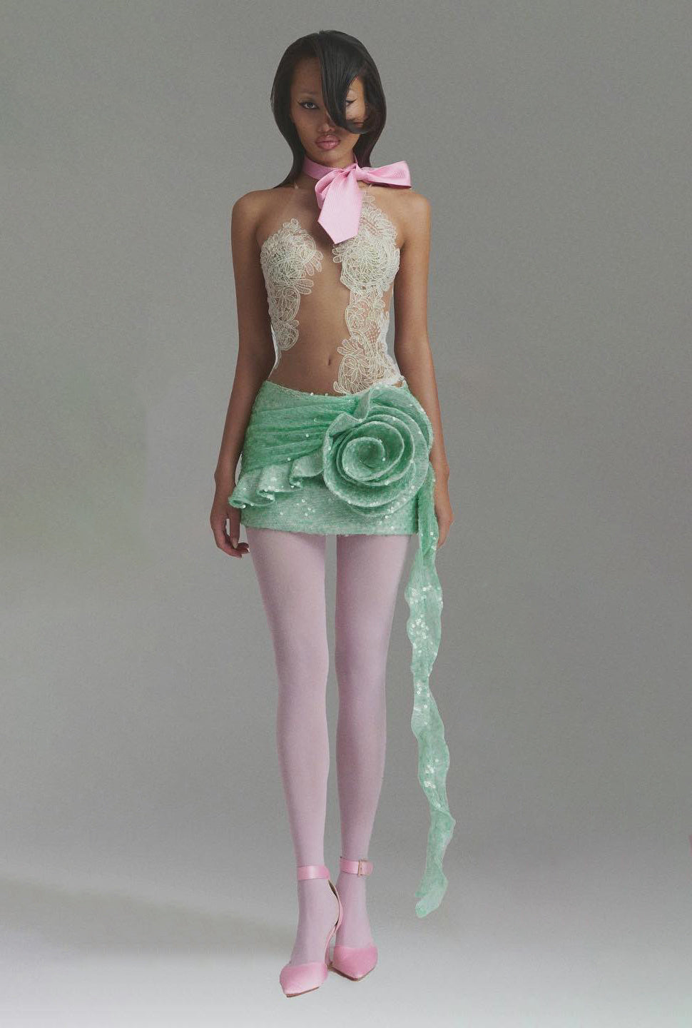 Lace Floral Sequin Dress Green HV2655