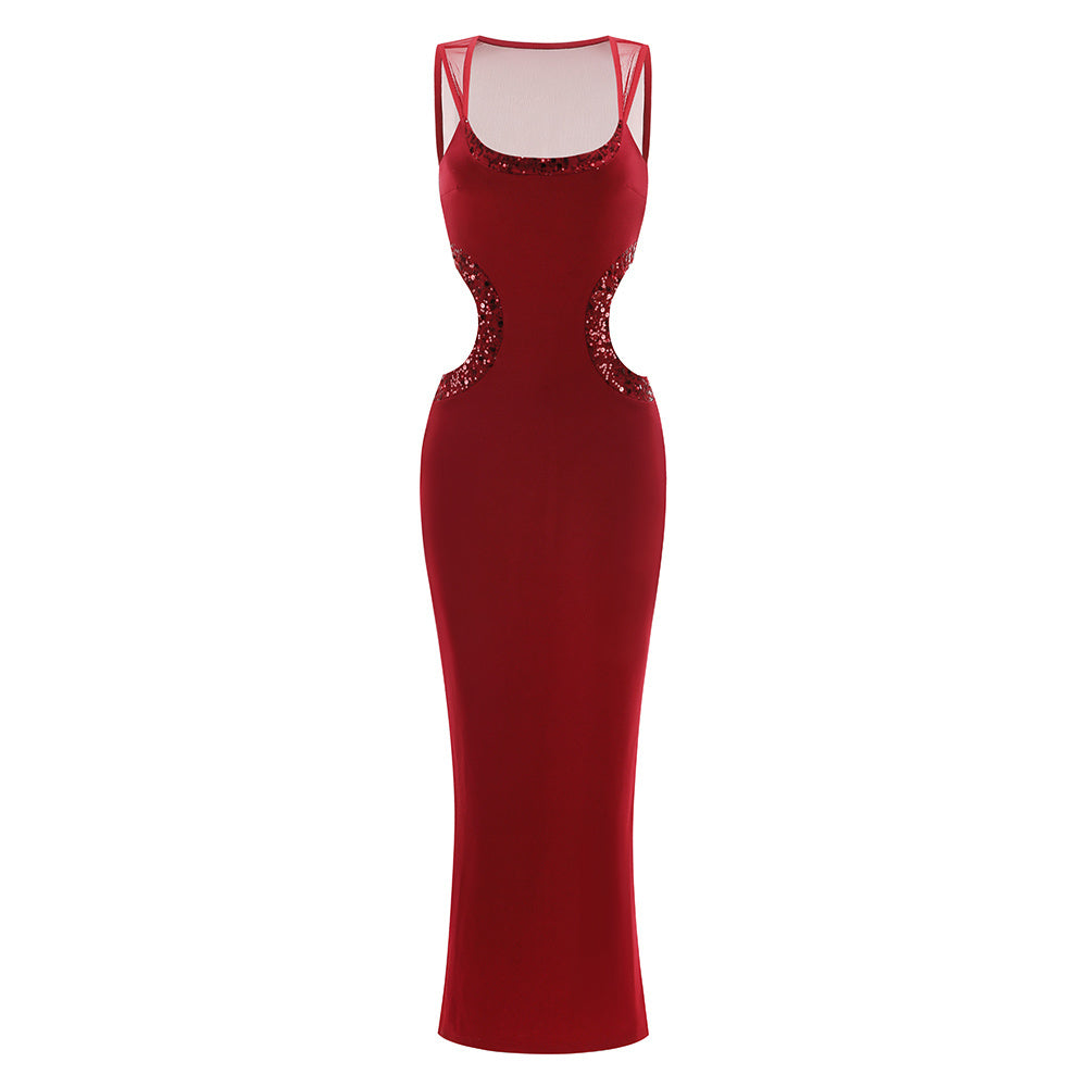 Mesh Sequin Cut Out Maxi Dress Red HV2834