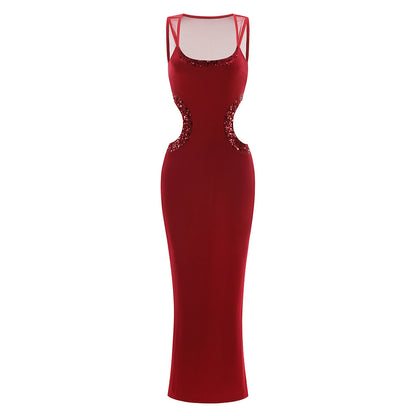 Mesh Sequin Cut Out Maxi Dress Red HV2834