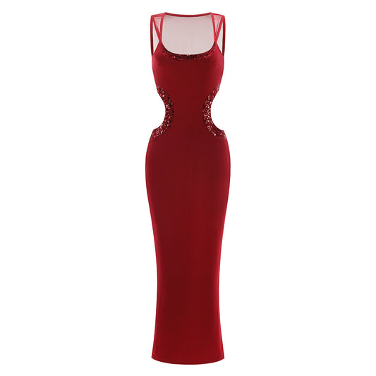 Mesh Sequin Cut Out Maxi Dress Red HV2834