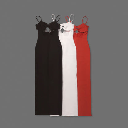 Bustier Draped Mesh Insert Maxi Dress Red HV2094