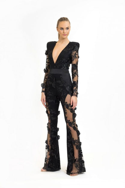Long Sleeve Floral Lace Jumpsuit Black HV1988