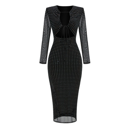 Long Sleeve Crystal Cut Out Midi Dress Black HV1191