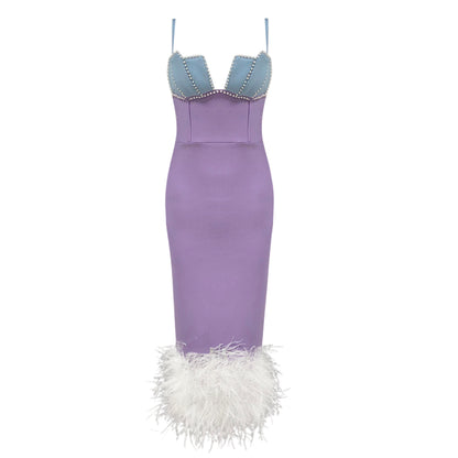 Pearl Bustier Feather Detail Midi Dress Purple HV1800