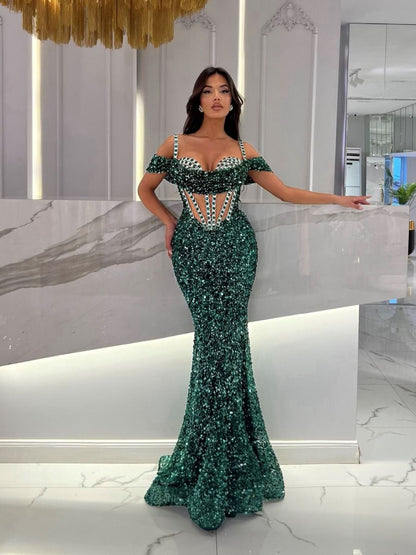 Crystal Corset Sequin Maxi Dress Green HV2002