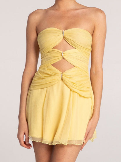 Strapless Ruched A Line Dress Yellow HV1651