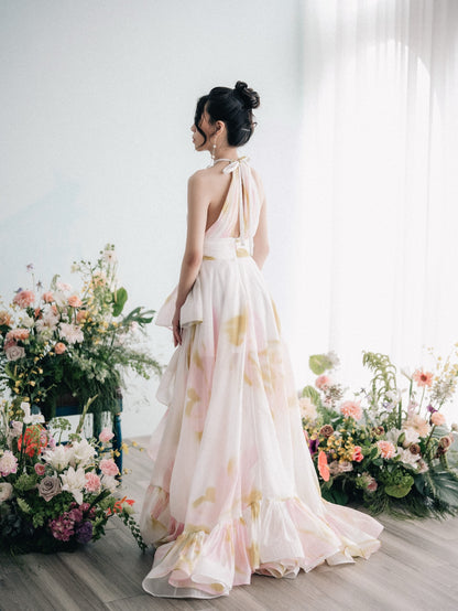 Halter Floral Ruffle Maxi Dress Pink Yellow HV3140