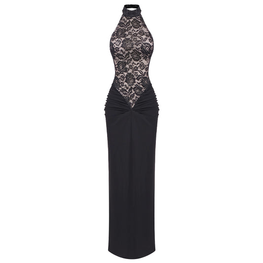 Halter Lace Draped Maxi Dress Black HV1721