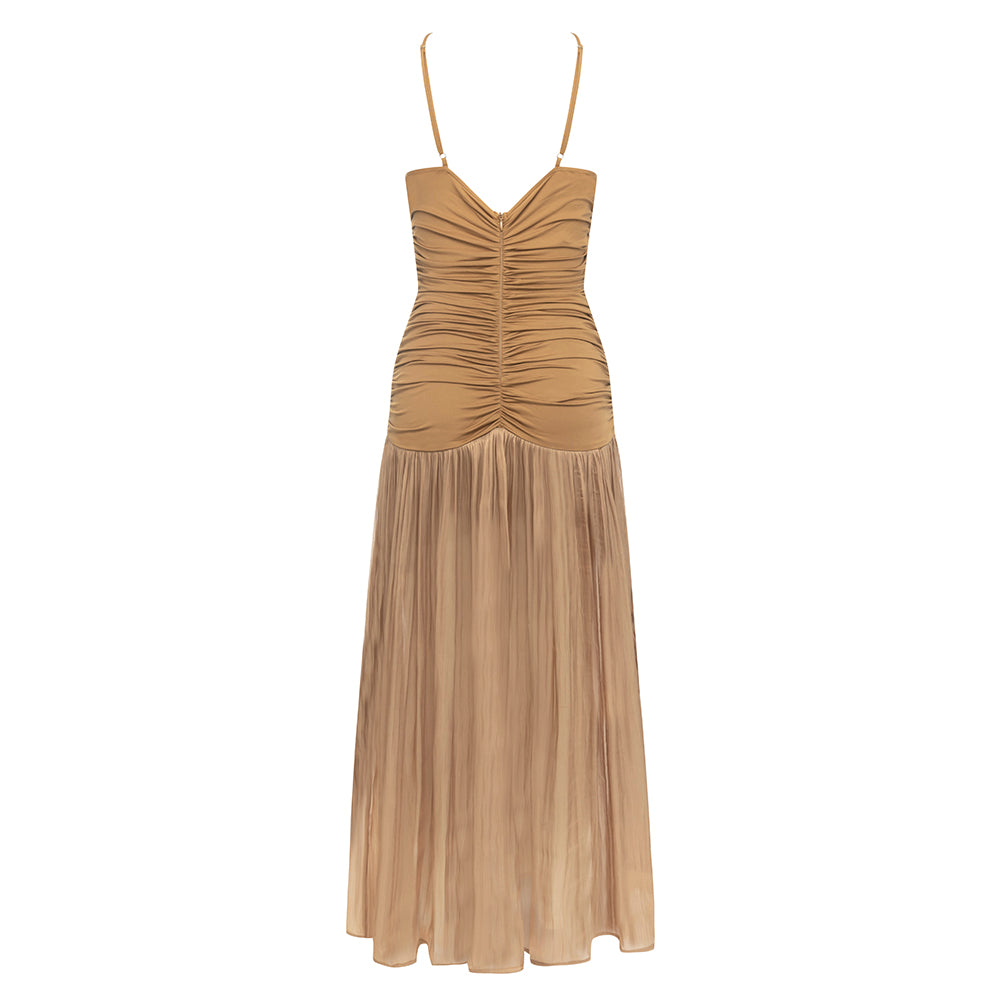 Draped Pleated A Line Midi Dress Brown HV9522