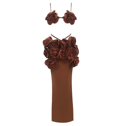 Floral Detail Two Piece Maxi Dress Brown HV1666