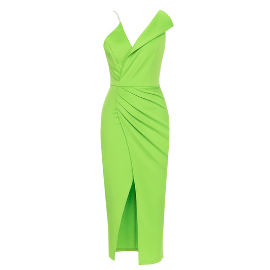 One Shoulder Draped Asymmetric Midi Dress Green HV9672