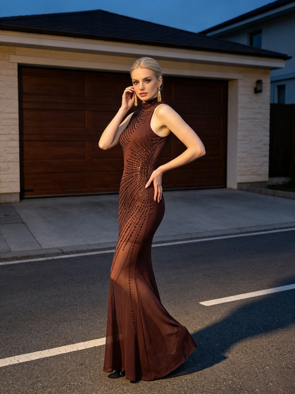 Asymmetric Embellished Maxi Dress Brown HV3200