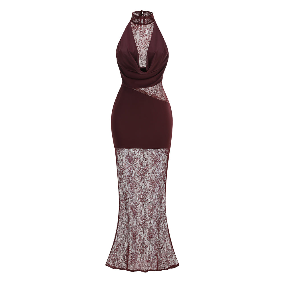 Lace Insert Draped Detail Maxi Dress Burgundy HV3215
