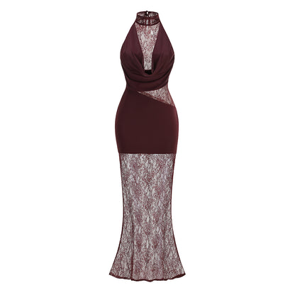 Lace Insert Draped Detail Maxi Dress Burgundy HV3215