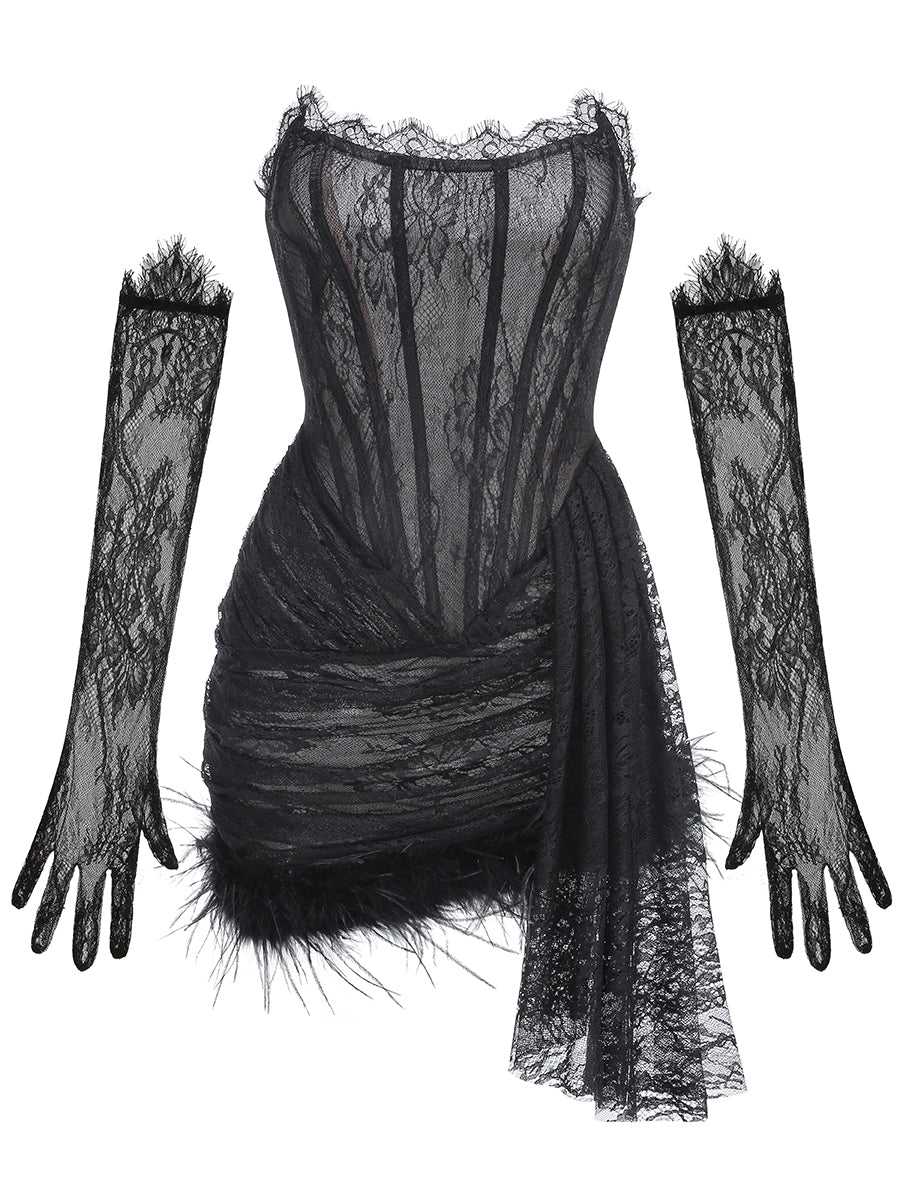 Strapless Lace Corset Feather Dress Black